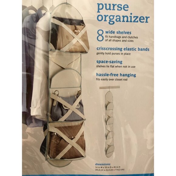 Real Simple Hanging Purse Organizer 8 Wide Shelves Crisscross Elastic Bands New - Picture 2 of 3